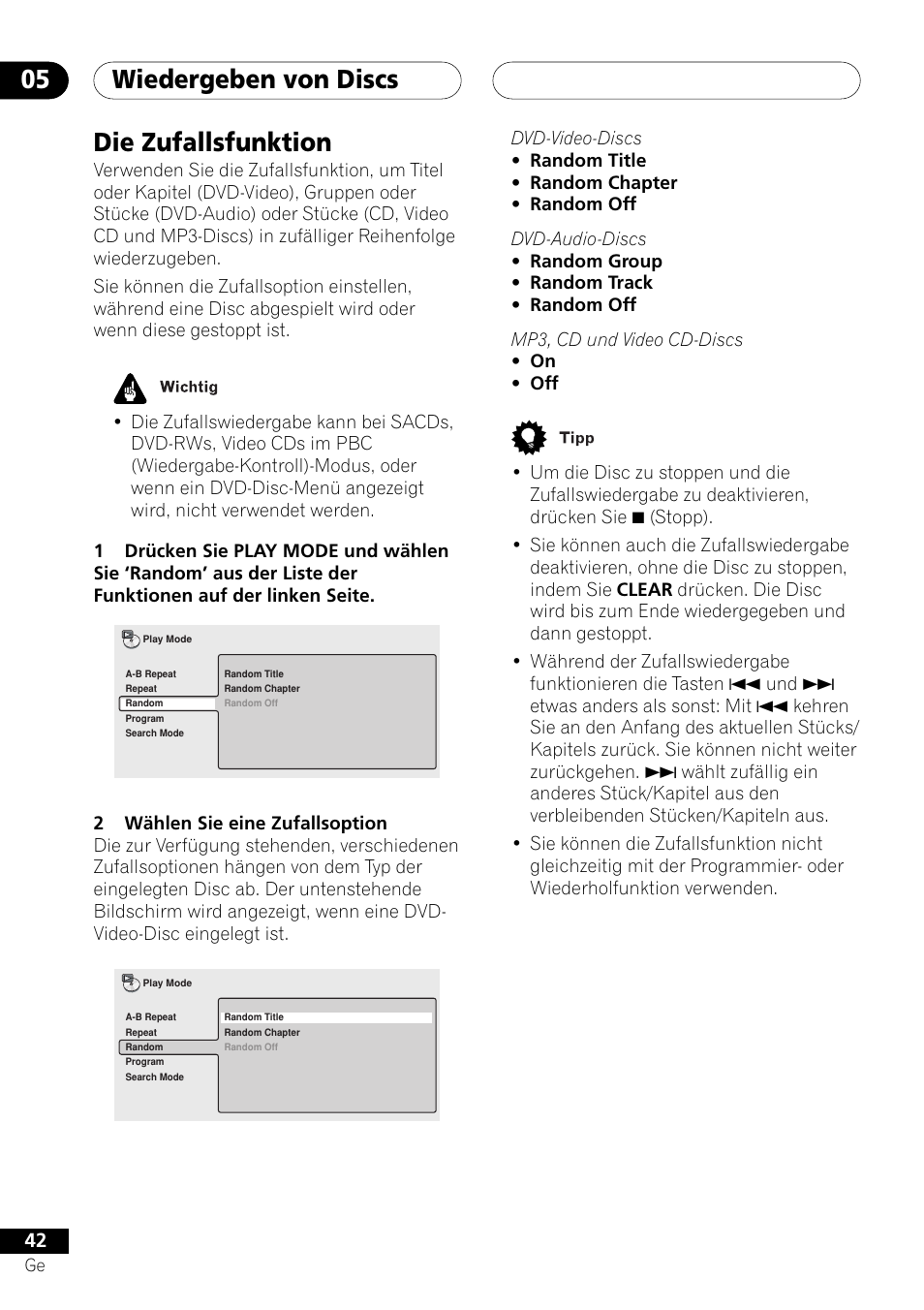 Die zufallsfunktion, Wiedergeben von discs 05 | Pioneer DV-757Ai User Manual | Page 126 / 172