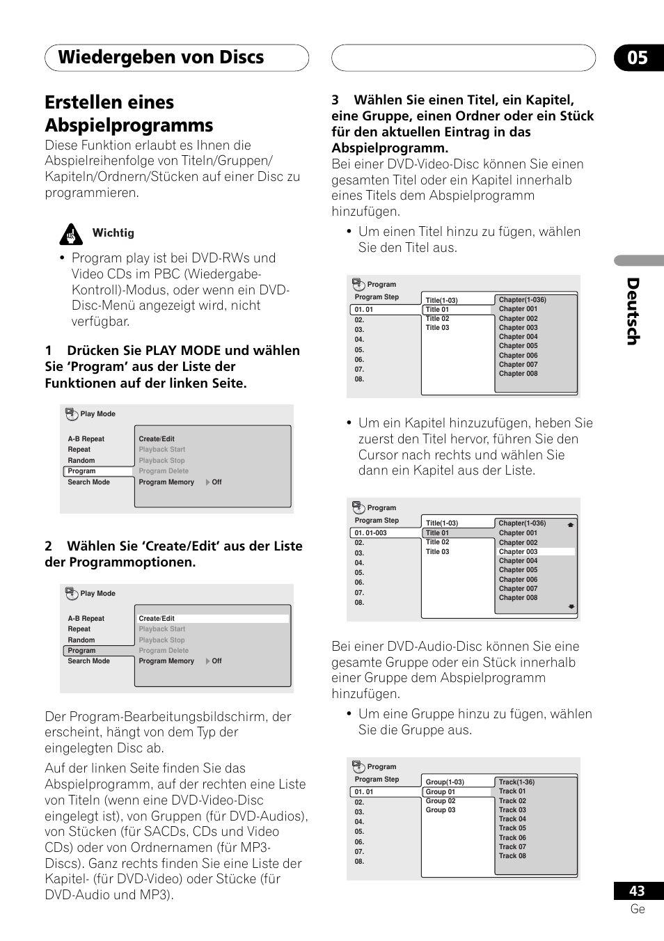 Erstellen eines abspielprogramms, Wiedergeben von discs 05, Deutsch | Pioneer DV-757Ai User Manual | Page 127 / 172