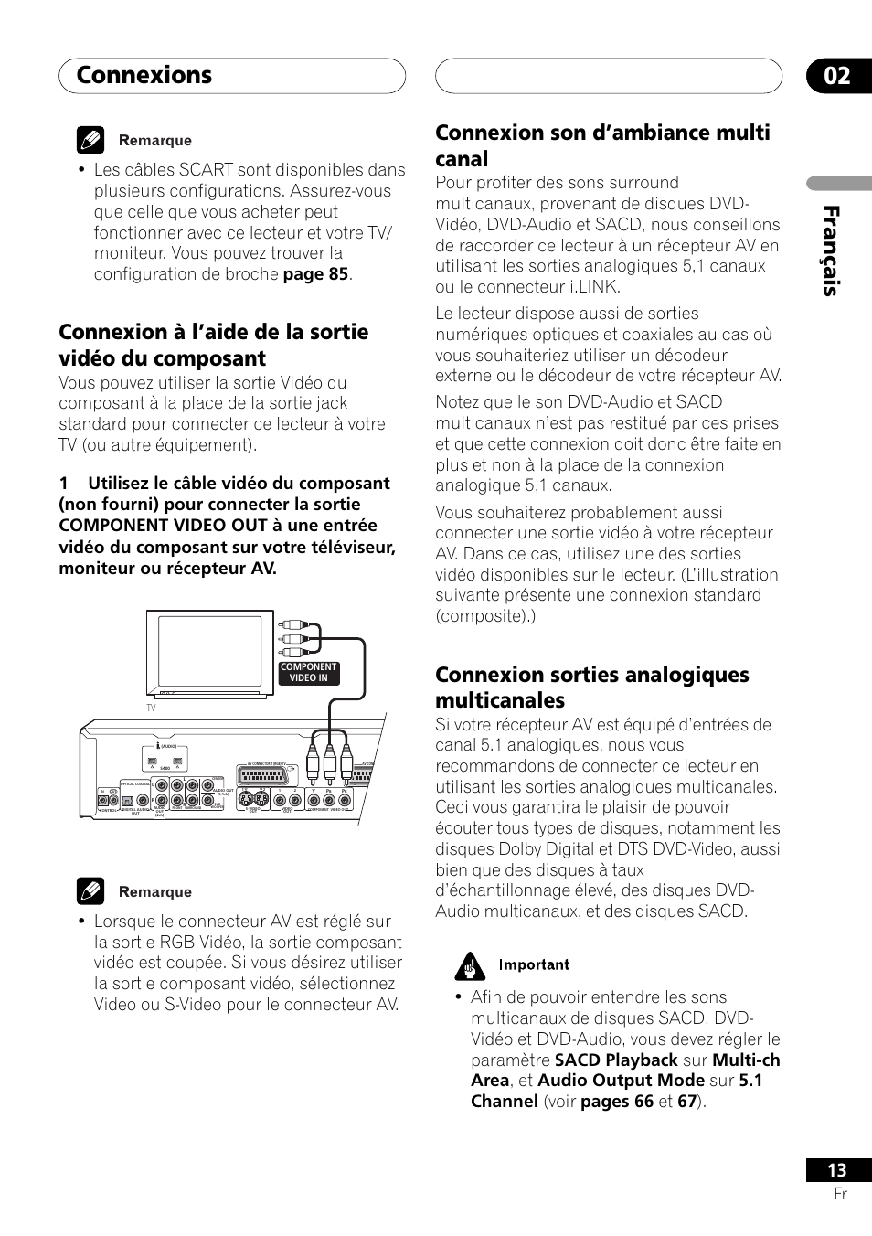 Connexion à l’aide de la sortie vidéo du composant, Connexion son d’ambiance multi canal, Connexion sorties analogiques multicanales | Connexions 02, Français, Remarque | Pioneer DV-757Ai User Manual | Page 13 / 172