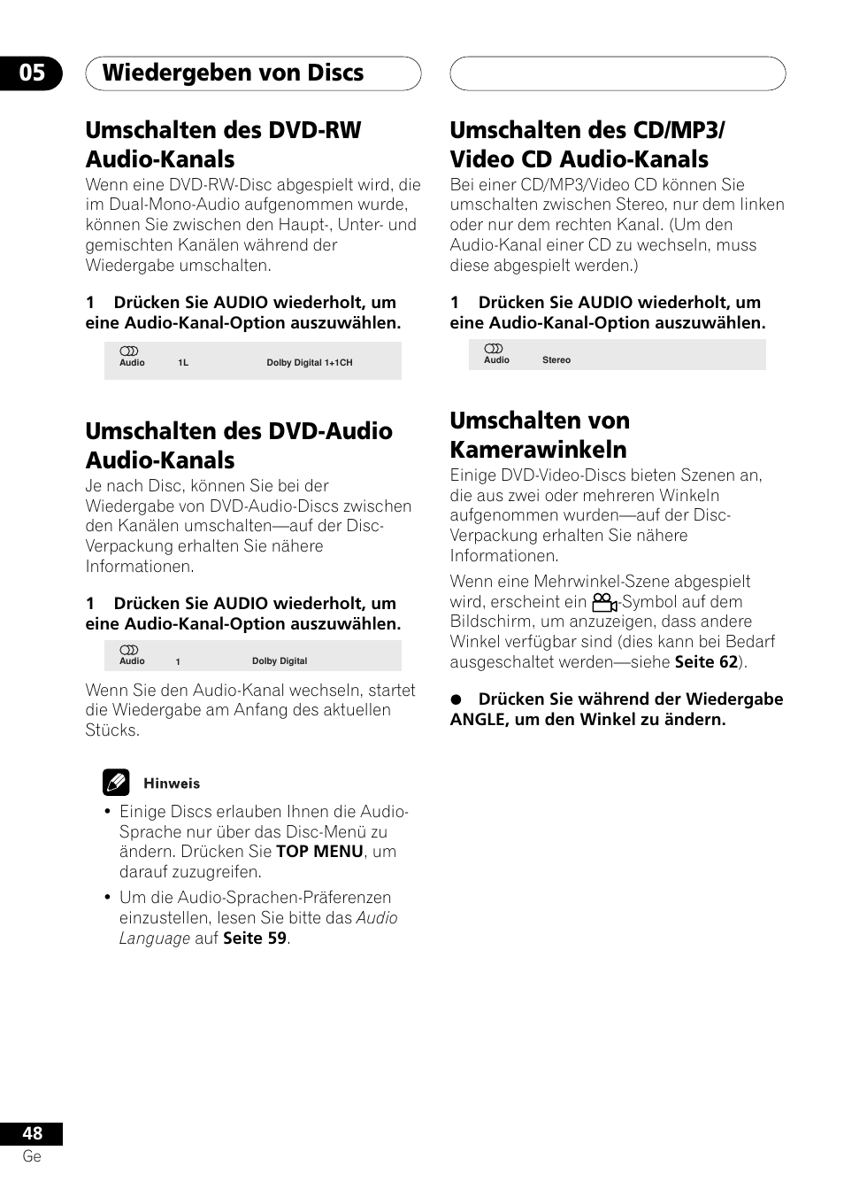 Wiedergeben von discs 05, Umschalten des dvd-rw audio-kanals, Umschalten des dvd-audio audio-kanals | Umschalten des cd/mp3/ video cd audio-kanals, Umschalten von kamerawinkeln | Pioneer DV-757Ai User Manual | Page 132 / 172