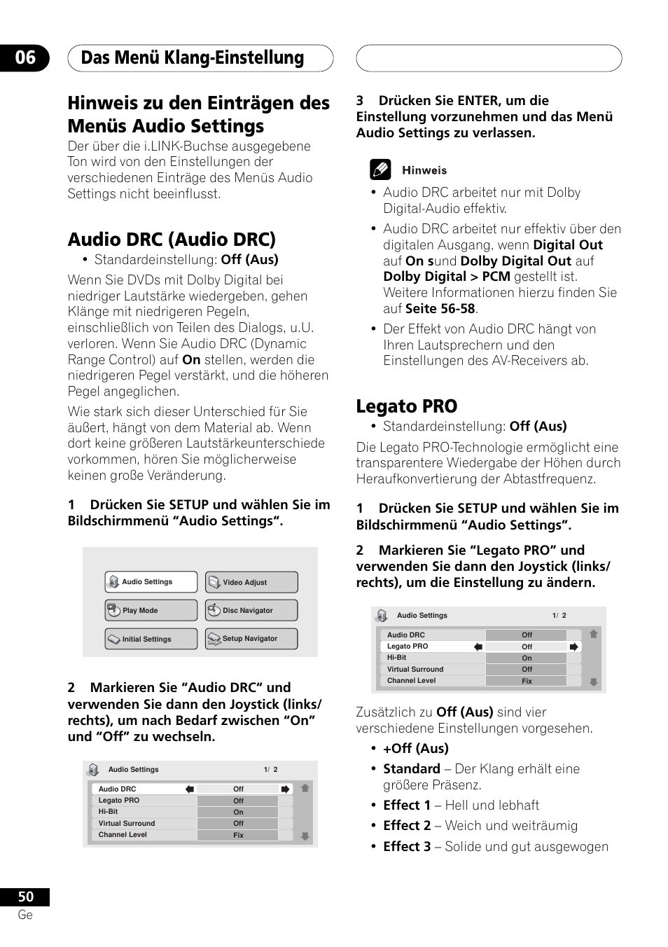 Das menü klang-einstellung 06, Legato pro, Hinweis zu den einträgen des menüs audio settings | Audio drc (audio drc) | Pioneer DV-757Ai User Manual | Page 134 / 172