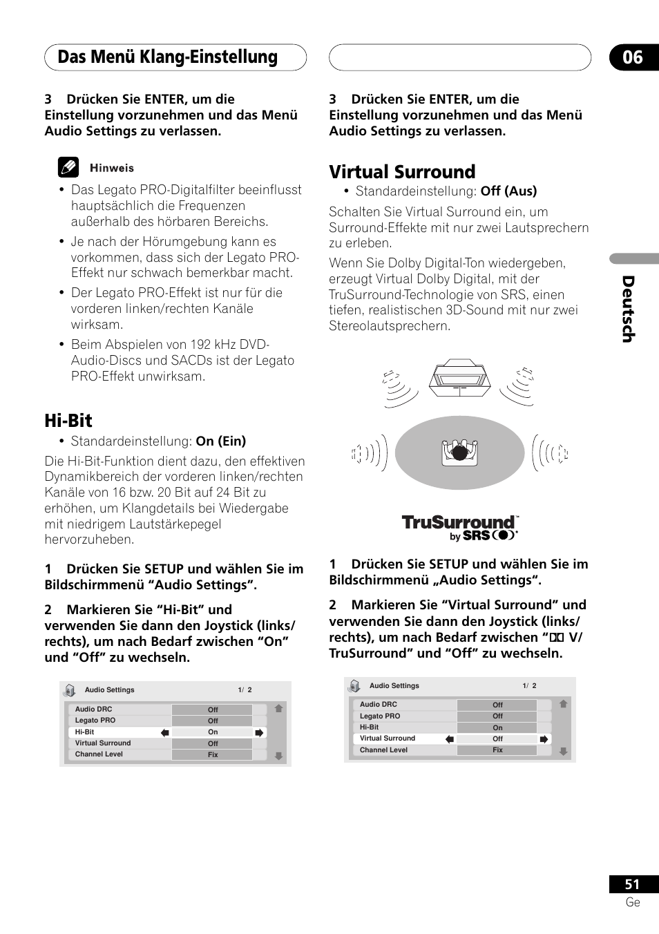 Hi-bit virtual surround, Das menü klang-einstellung 06, Hi-bit | Virtual surround, Deutsch | Pioneer DV-757Ai User Manual | Page 135 / 172