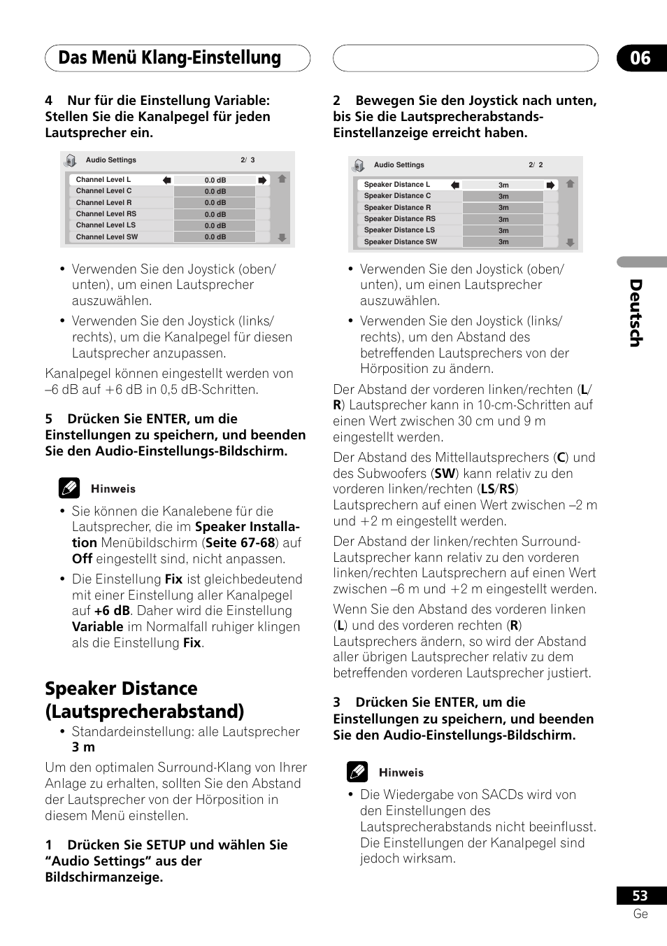 Speaker distance, Das menü klang-einstellung 06, Speaker distance (lautsprecherabstand) | Deutsch | Pioneer DV-757Ai User Manual | Page 137 / 172