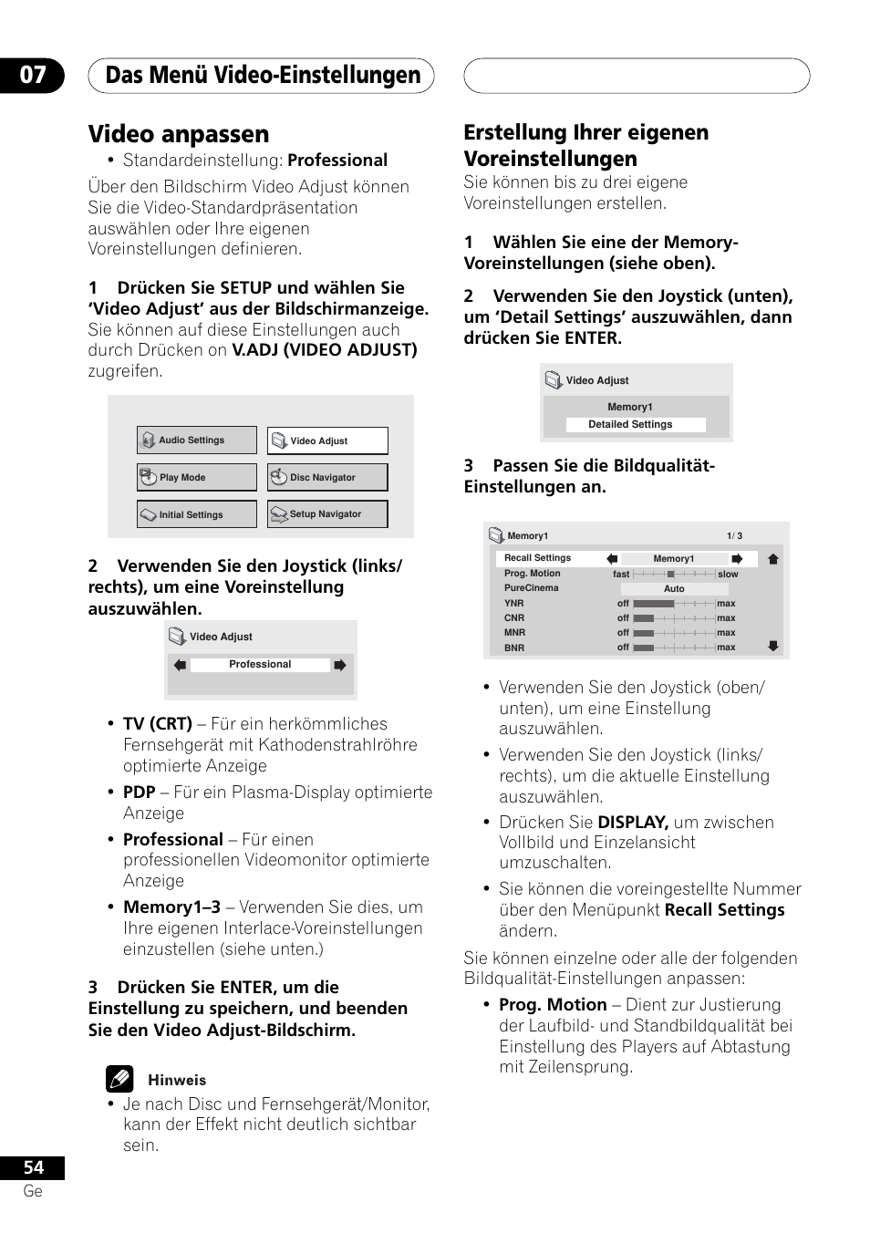 Video anpassen, Erstellung ihrer eigenen voreinstellungen, Das menü video-einstellungen 07 | Pioneer DV-757Ai User Manual | Page 138 / 172