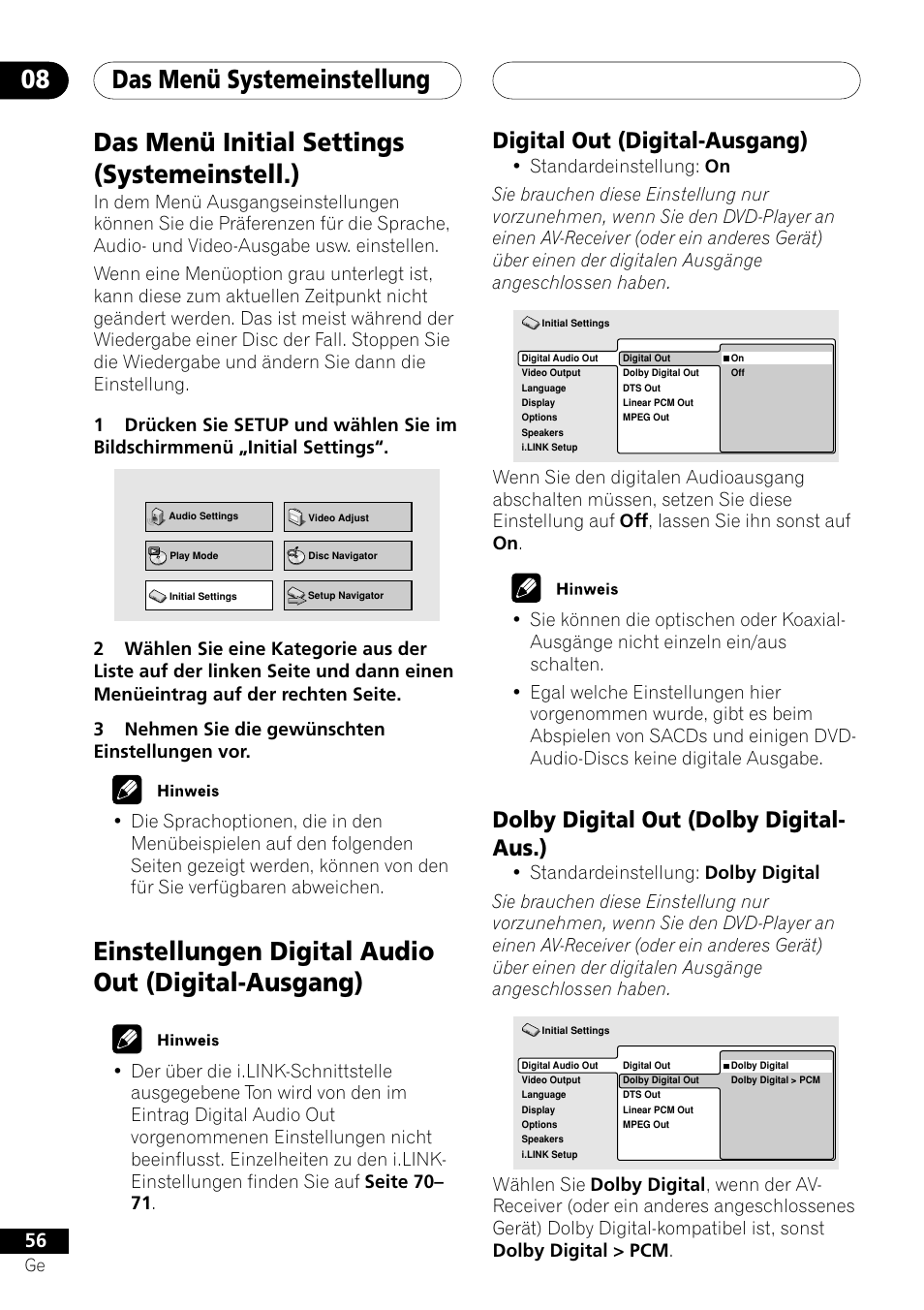 Digital out dolby digital out, Das menü systemeinstellung 08, Das menü initial settings (systemeinstell.) | Einstellungen digital audio out (digital-ausgang), Digital out (digital-ausgang), Dolby digital out (dolby digital- aus.) | Pioneer DV-757Ai User Manual | Page 140 / 172