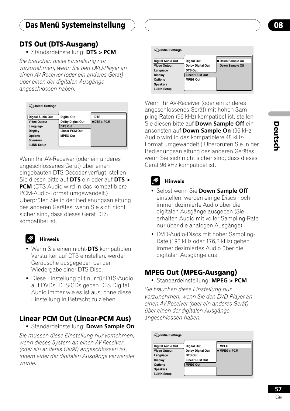 Dts out linear pcm out mpeg out, Das menü systemeinstellung 08, Deutsch | Mpeg out (mpeg-ausgang), Dts out (dts-ausgang), Linear pcm out (linear-pcm aus) | Pioneer DV-757Ai User Manual | Page 141 / 172