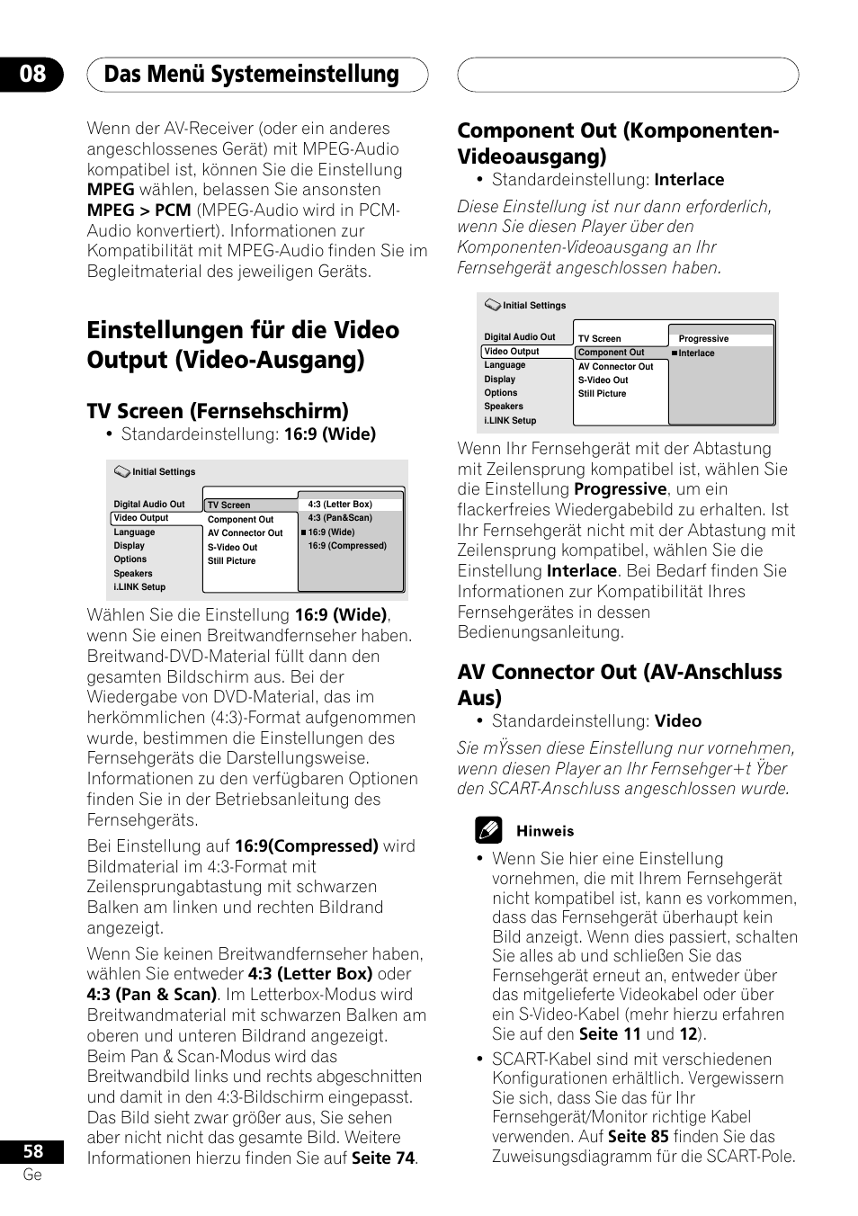 Einstellungen für die video output, Tv screen component out av connector out, Das menü systemeinstellung 08 | Einstellungen für die video output (video-ausgang), Component out (komponenten- videoausgang), Av connector out (av-anschluss aus), Tv screen (fernsehschirm), Standardeinstellung: 16:9 (wide) | Pioneer DV-757Ai User Manual | Page 142 / 172