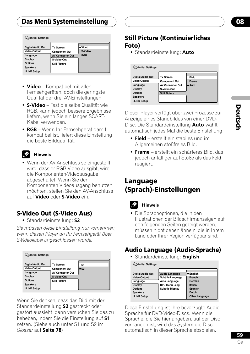 S-video out still picture, Language-einstellungen, Audio language | Das menü systemeinstellung 08, Language (sprach)-einstellungen, Deutsch still picture (kontinuierliches foto), Audio language (audio-sprache), S-video out (s-video aus), Standardeinstellung: auto, Standardeinstellung: english | Pioneer DV-757Ai User Manual | Page 143 / 172