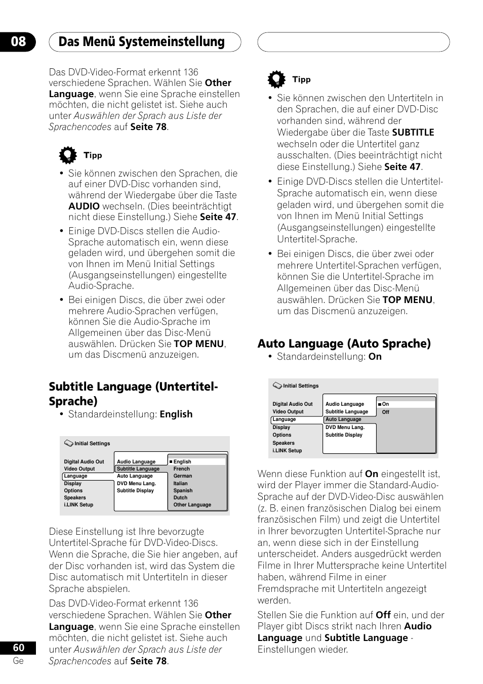 Subtitle language auto language, Das menü systemeinstellung 08, Auto language (auto sprache) | Subtitle language (untertitel- sprache), Standardeinstellung: on, Standardeinstellung: english | Pioneer DV-757Ai User Manual | Page 144 / 172