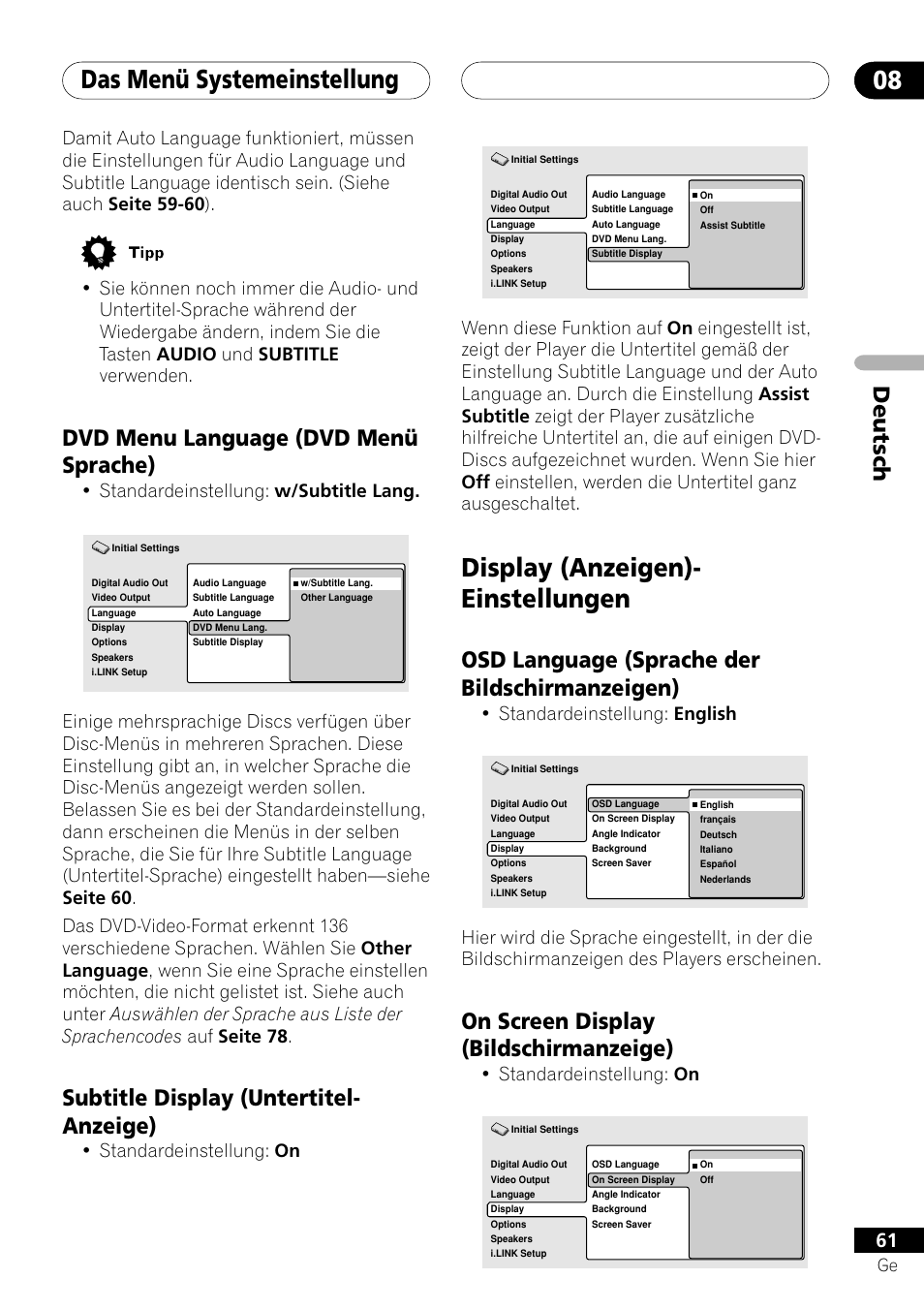 Dvd menu language subtitle display, Display-einstellungen, Osd language on screen display | Das menü systemeinstellung 08, Display (anzeigen)- einstellungen, Deutsch, Dvd menu language (dvd menü sprache), Subtitle display (untertitel- anzeige), Osd language (sprache der bildschirmanzeigen), On screen display (bildschirmanzeige) | Pioneer DV-757Ai User Manual | Page 145 / 172