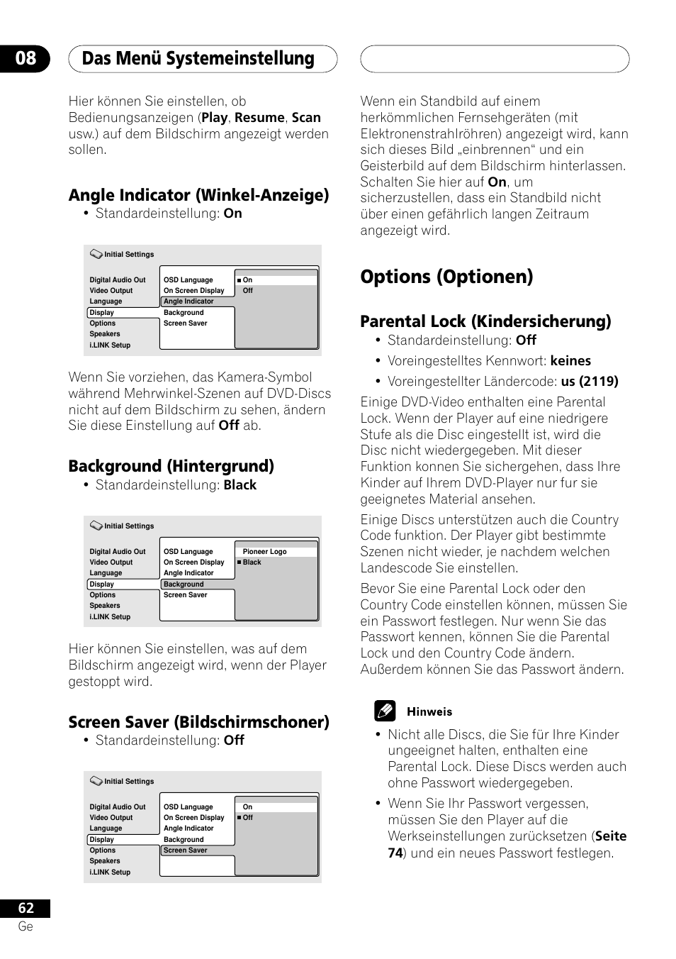 Angle indicator background screen saver, Options, Parental lock | Das menü systemeinstellung 08, Options (optionen), Angle indicator (winkel-anzeige), Background (hintergrund), Screen saver (bildschirmschoner), Parental lock (kindersicherung), Standardeinstellung: on | Pioneer DV-757Ai User Manual | Page 146 / 172