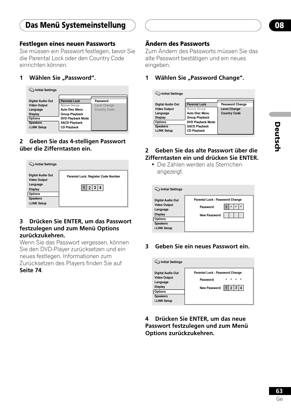 Das menü systemeinstellung 08, Deutsch, Festlegen eines neuen passworts | Ändern des passworts, 3geben sie ein neues passwort ein | Pioneer DV-757Ai User Manual | Page 147 / 172