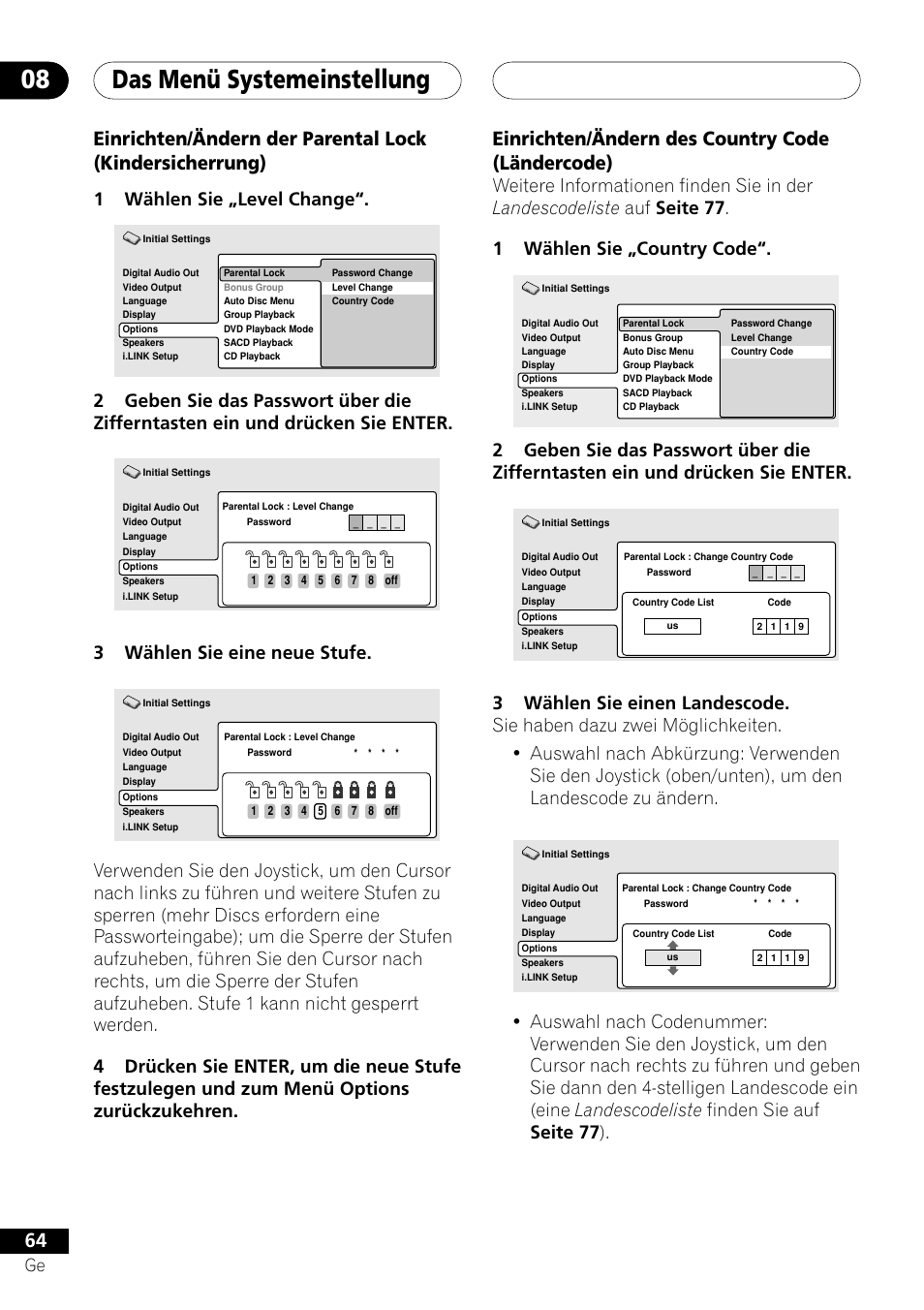 Das menü systemeinstellung 08, Einrichten/ändern des country code (ländercode), 1wählen sie „level change | 3wählen sie eine neue stufe | Pioneer DV-757Ai User Manual | Page 148 / 172