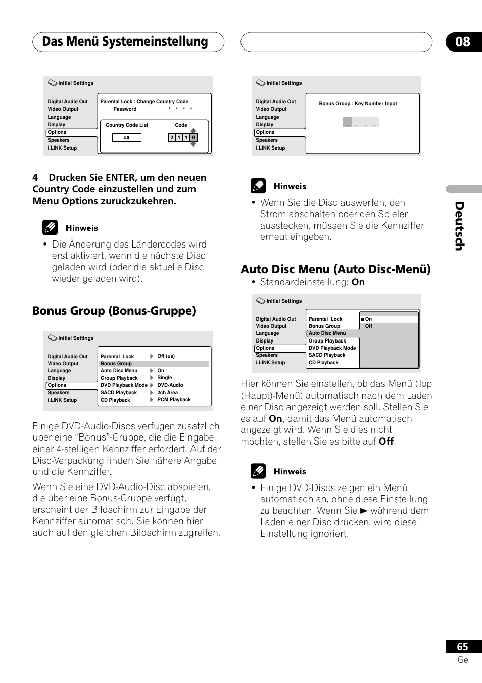 Bonus group auto disc menu, Das menü systemeinstellung 08, Deutsch | Bonus group (bonus-gruppe), Auto disc menu (auto disc-menü), Standardeinstellung: on | Pioneer DV-757Ai User Manual | Page 149 / 172