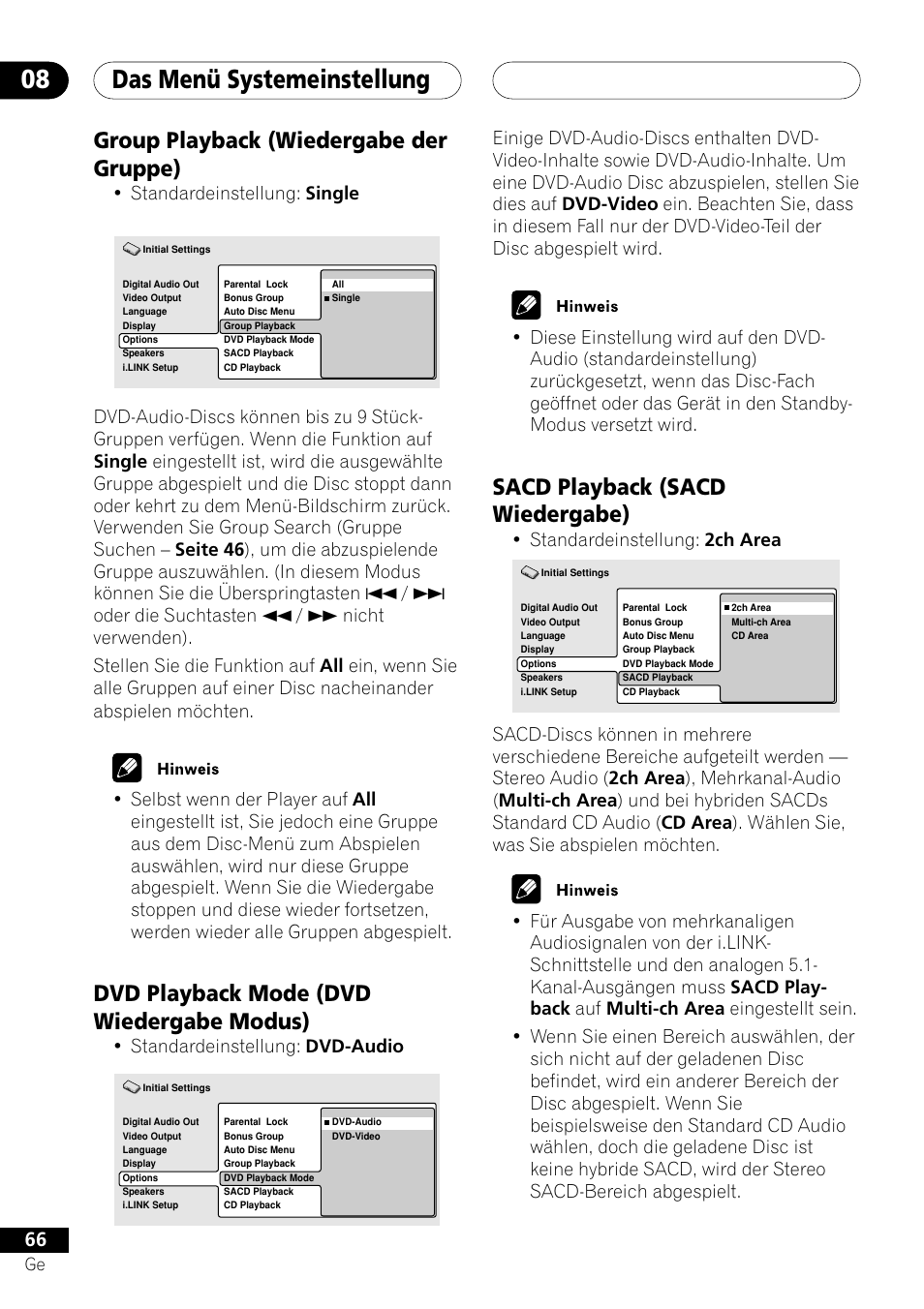 Group playback dvd playback mode sacd playback, Das menü systemeinstellung 08, Group playback (wiedergabe der gruppe) | Dvd playback mode (dvd wiedergabe modus), Sacd playback (sacd wiedergabe), Standardeinstellung: single, Standardeinstellung: dvd-audio, Standardeinstellung: 2ch area | Pioneer DV-757Ai User Manual | Page 150 / 172