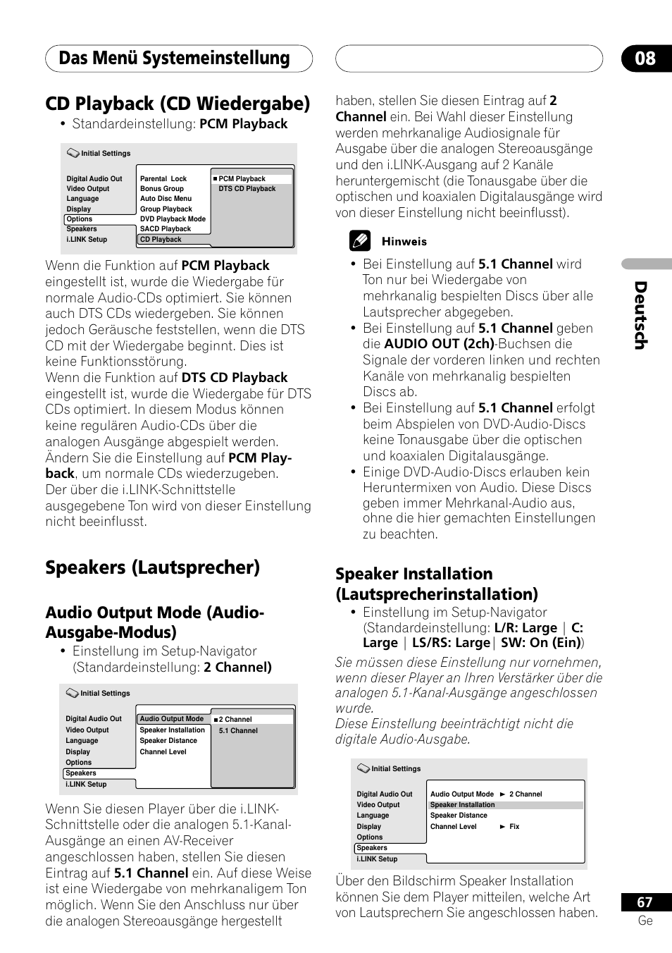 Cd playback, Speakers, Audio output mode speaker installation | Das menü systemeinstellung 08, Cd playback (cd wiedergabe), Speakers (lautsprecher), Deutsch, Audio output mode (audio- ausgabe-modus), Speaker installation (lautsprecherinstallation), Standardeinstellung: pcm playback | Pioneer DV-757Ai User Manual | Page 151 / 172