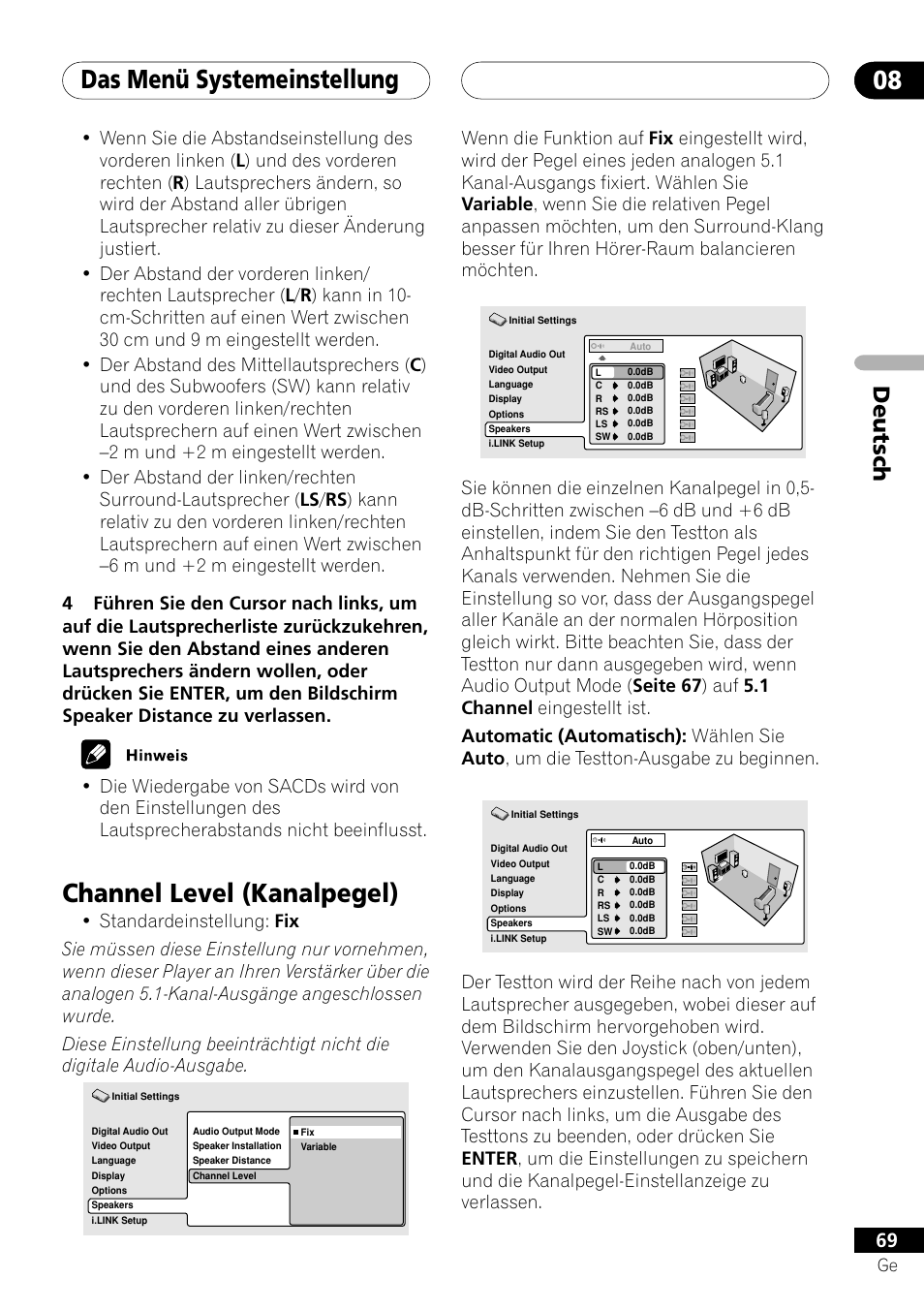 Channel level, Das menü systemeinstellung 08, Channel level (kanalpegel) | Deutsch | Pioneer DV-757Ai User Manual | Page 153 / 172