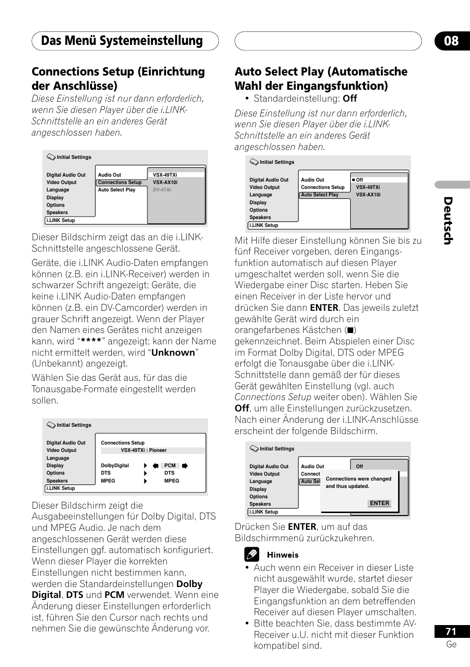 Connections setup auto select play, Das menü systemeinstellung 08 | Pioneer DV-757Ai User Manual | Page 155 / 172