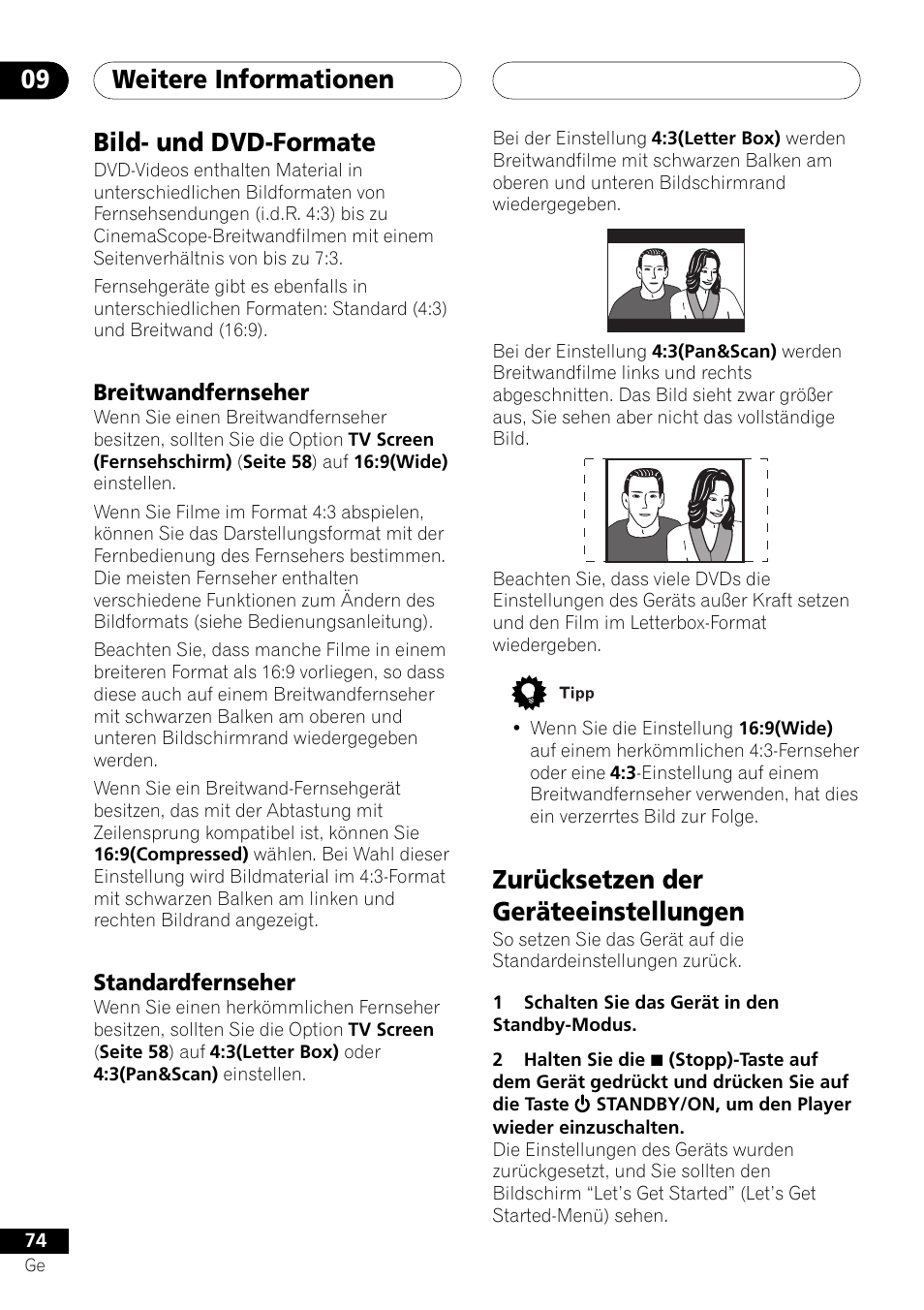 Bild- und dvd-formate, Breitwandfernseher standardfernseher, Zurücksetzen der geräteeinstellungen | Weitere informationen 09 | Pioneer DV-757Ai User Manual | Page 158 / 172