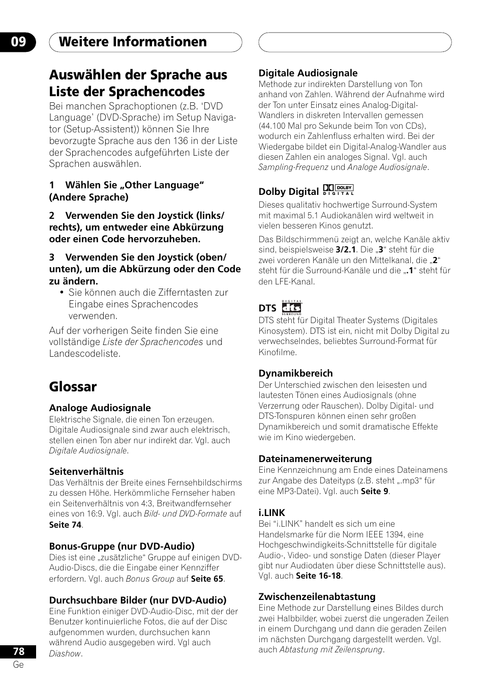 Weitere informationen 09, Auswählen der sprache aus liste der sprachencodes, Glossar | Pioneer DV-757Ai User Manual | Page 162 / 172