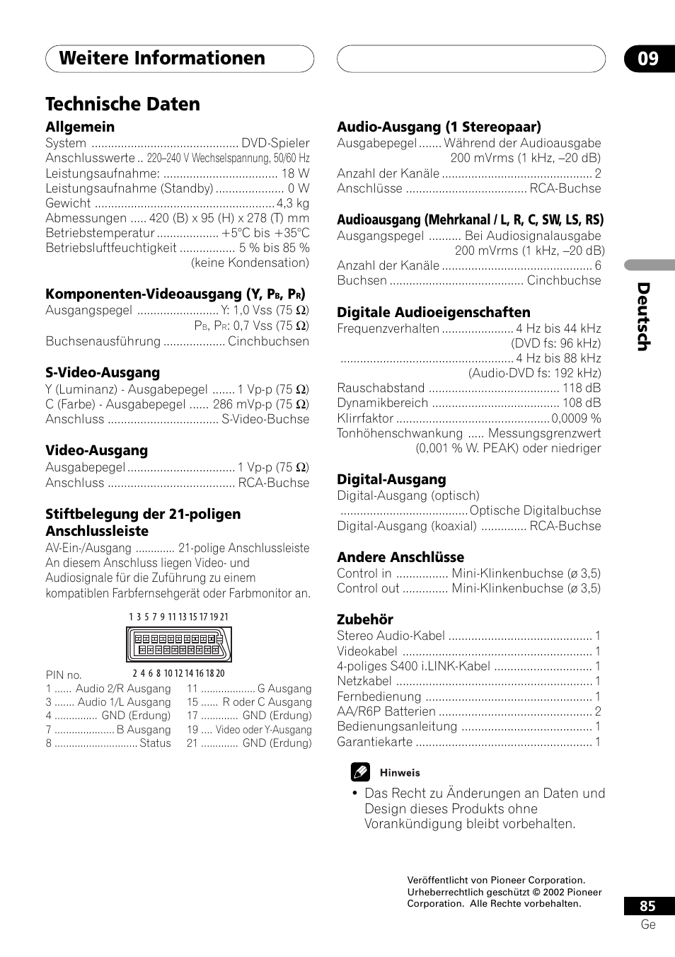 Technische daten, Weitere informationen 09, Deutsch | Pioneer DV-757Ai User Manual | Page 169 / 172