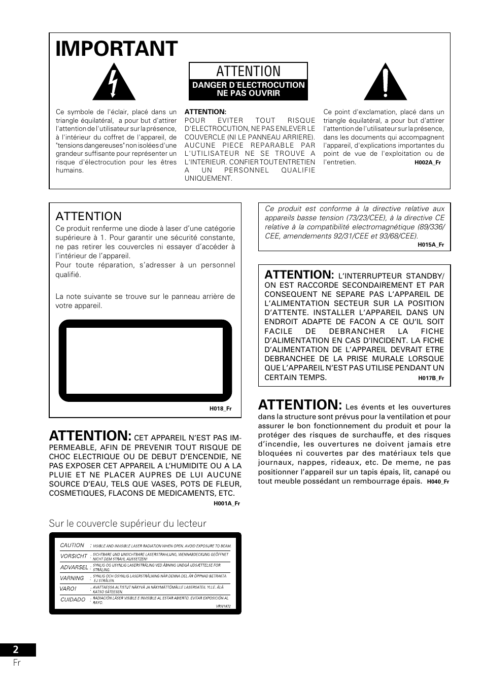 Important, Class 1 laser product, Attention | Pioneer DV-757Ai User Manual | Page 2 / 172