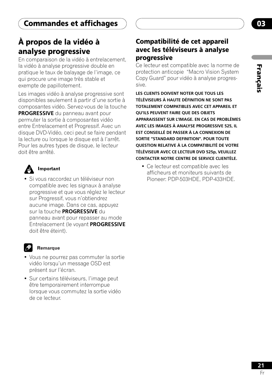 À propos de la vidéo à analyse progressive, Commandes et affichages 03, Français | Pioneer DV-757Ai User Manual | Page 21 / 172