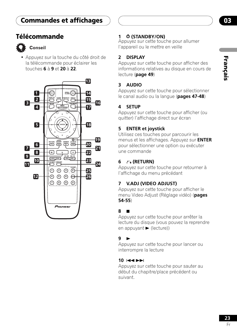 Télécommande, Commandes et affichages 03, Français | Conseil | Pioneer DV-757Ai User Manual | Page 23 / 172