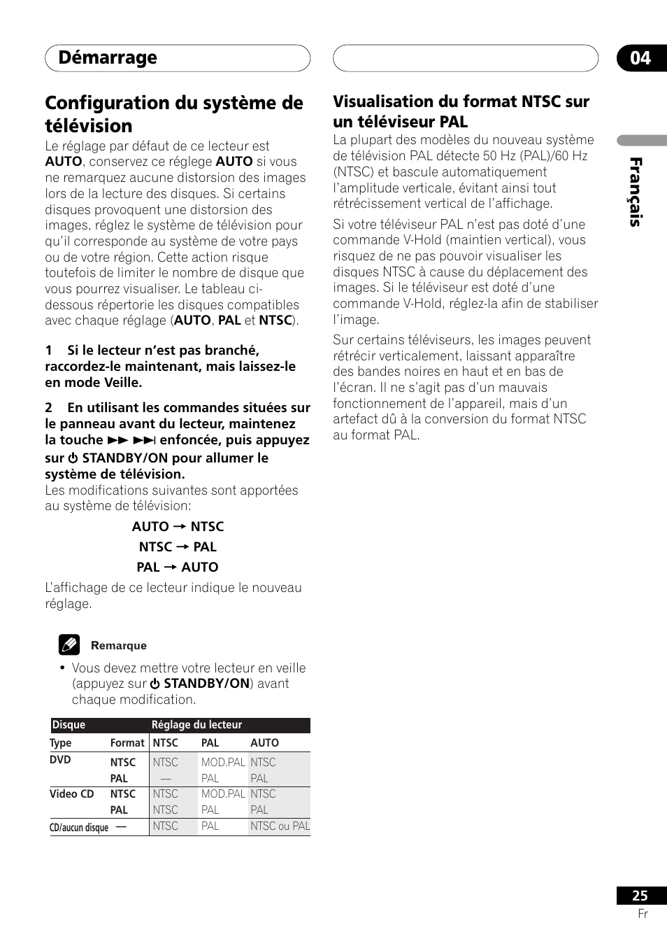 Configuration du système de télévision, Visualisation du format ntsc sur un téléviseur pal, Démarrage 04 | Français | Pioneer DV-757Ai User Manual | Page 25 / 172