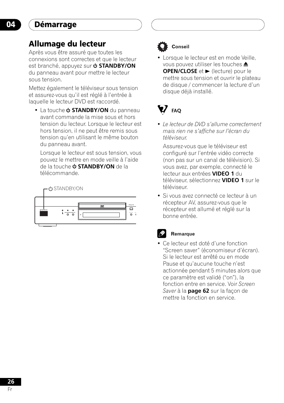 Allumage du lecteur, Démarrage 04 | Pioneer DV-757Ai User Manual | Page 26 / 172
