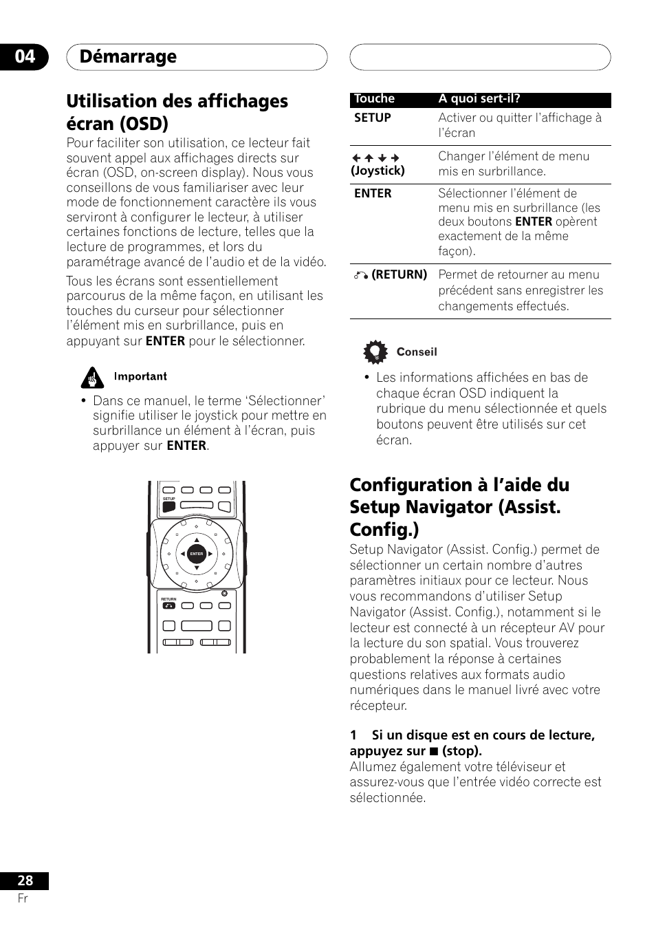 Démarrage 04, Utilisation des affichages écran (osd), Joystick) | Pioneer DV-757Ai User Manual | Page 28 / 172