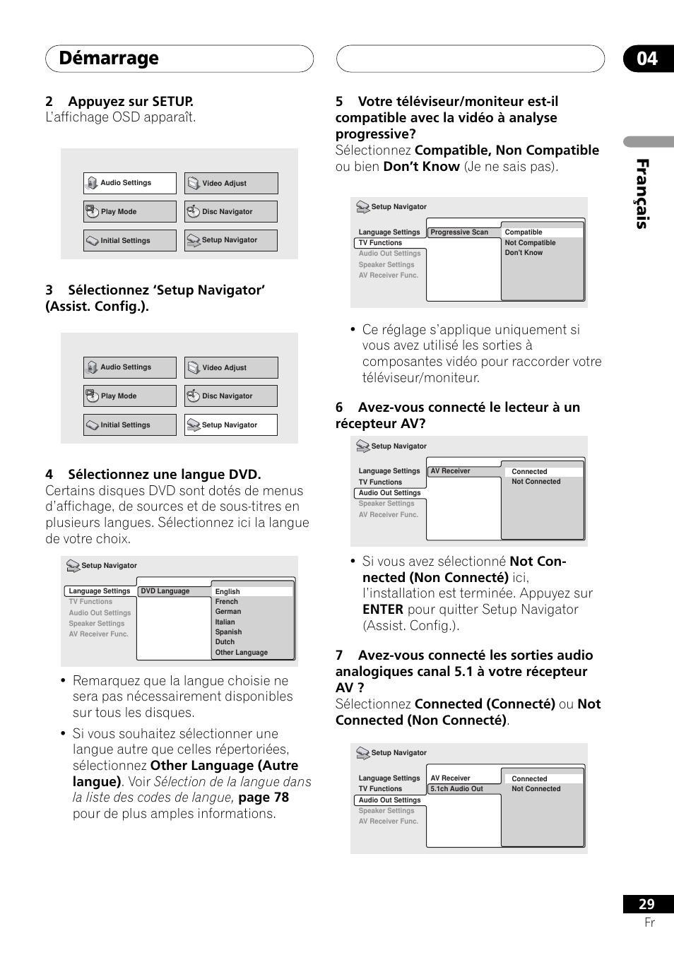 Démarrage 04, Français, 2appuyez sur setup. l’affichage osd apparaît | 3sélectionnez ‘setup navigator’ (assist. config.) | Pioneer DV-757Ai User Manual | Page 29 / 172