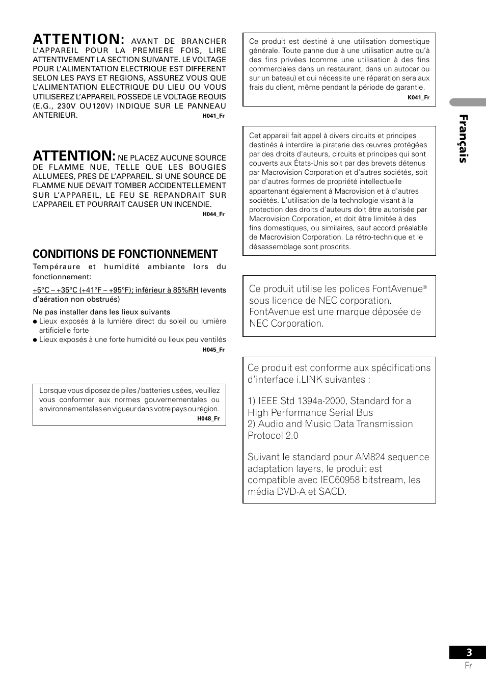 Attention, Français, Conditions de fonctionnement | Pioneer DV-757Ai User Manual | Page 3 / 172
