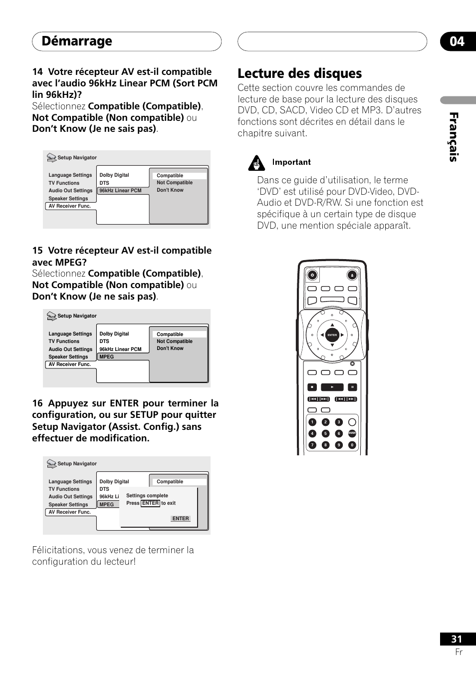 Lecture des disques, Démarrage 04, Français | Pioneer DV-757Ai User Manual | Page 31 / 172