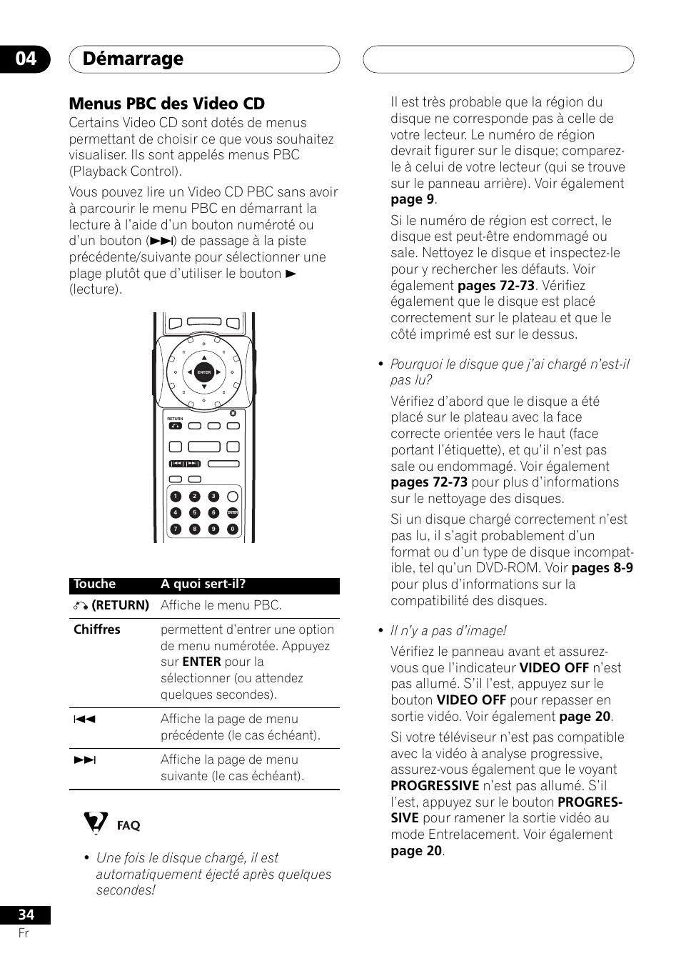 Menus pbc des video cd, Démarrage 04 | Pioneer DV-757Ai User Manual | Page 34 / 172