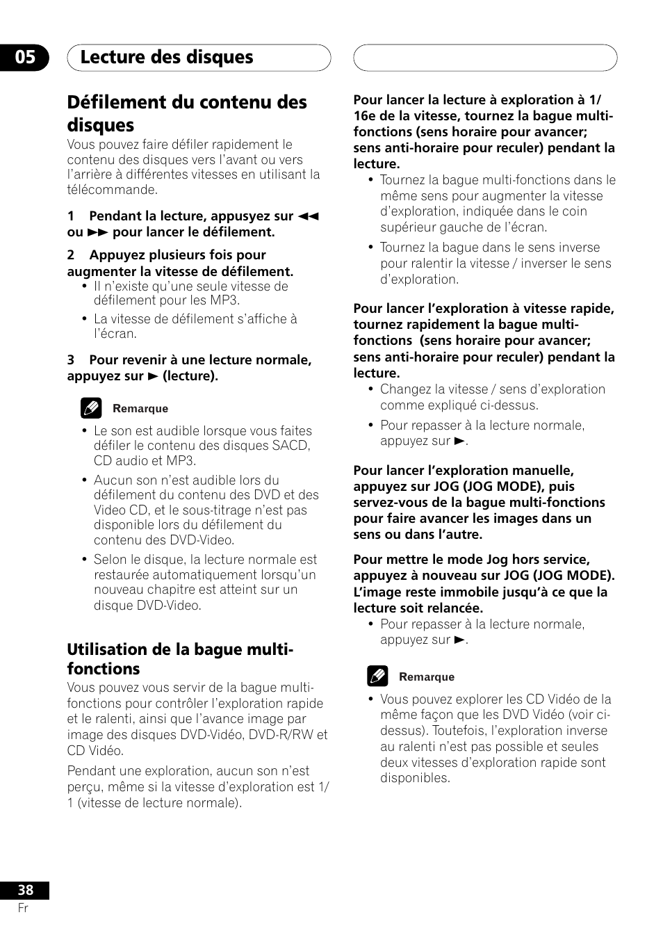 Défilement du contenu des disques, Utilisation de la bague multi-fonctions, Lecture des disques 05 | Utilisation de la bague multi- fonctions | Pioneer DV-757Ai User Manual | Page 38 / 172