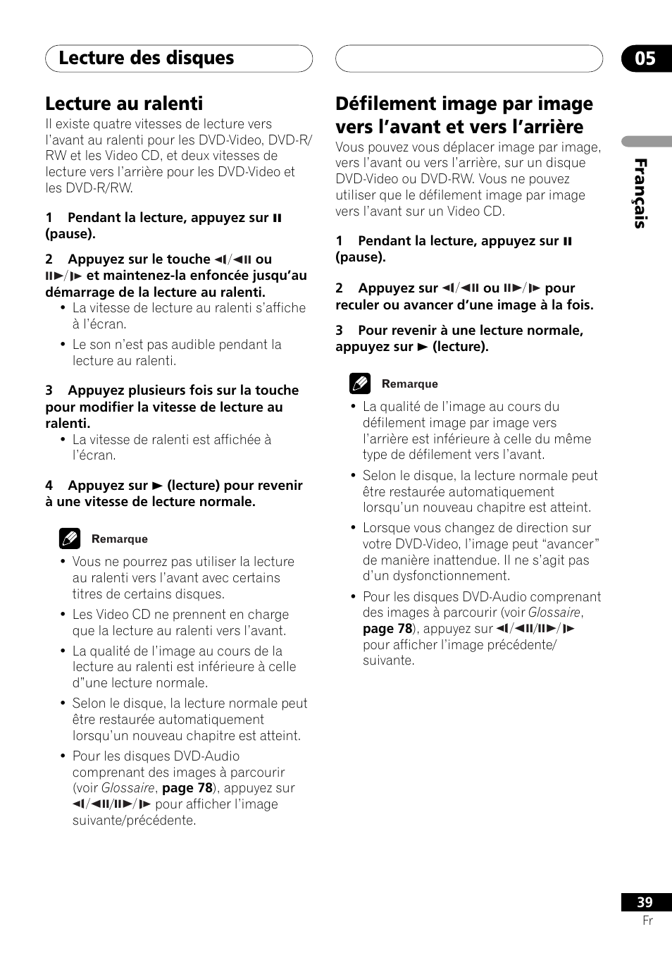 Lecture des disques 05, Lecture au ralenti, Français | Pioneer DV-757Ai User Manual | Page 39 / 172