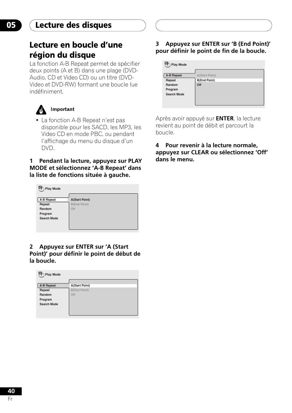 Lecture en boucle d’une région du disque, Lecture des disques 05 | Pioneer DV-757Ai User Manual | Page 40 / 172