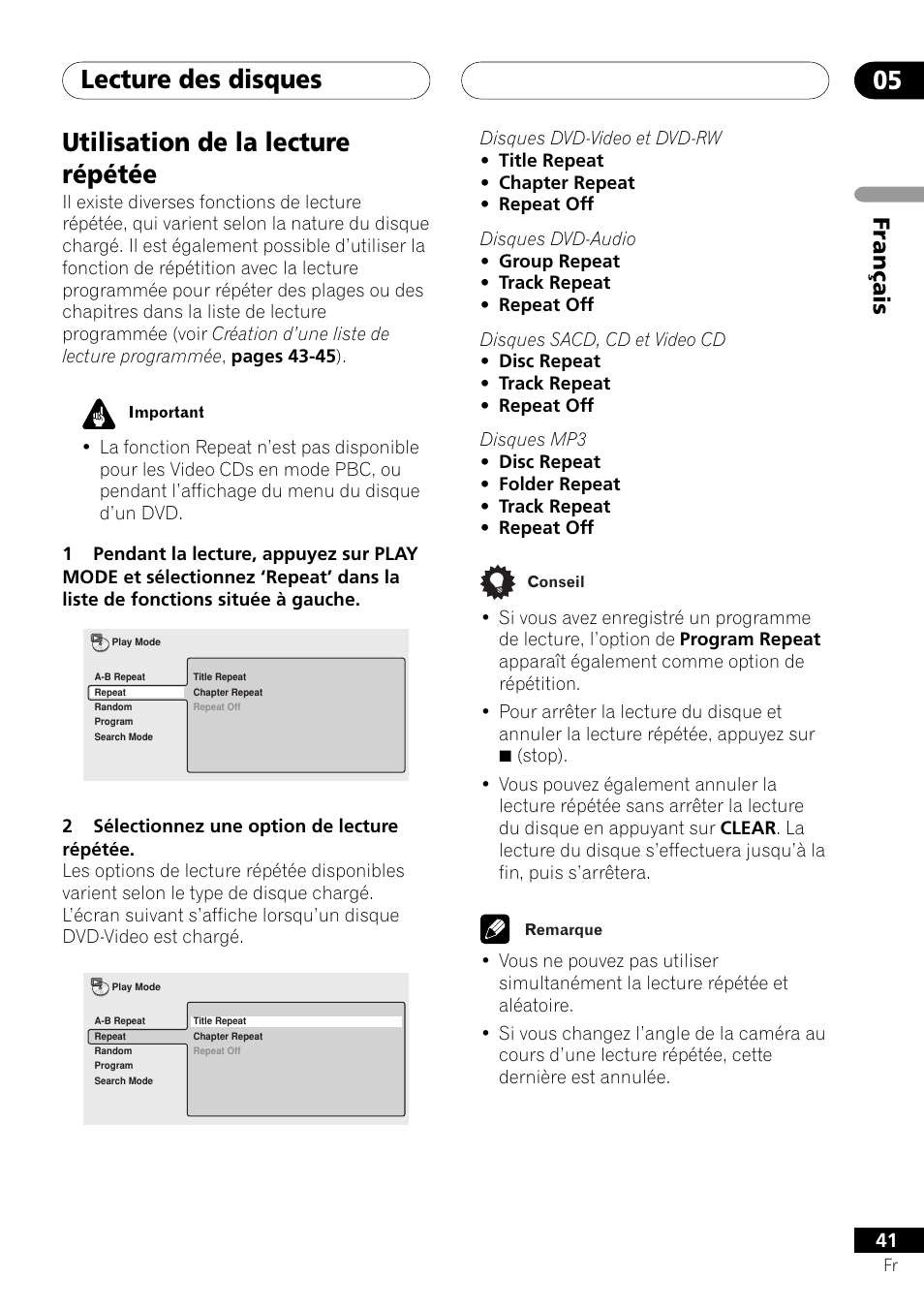 Utilisation de la lecture répétée, Lecture des disques 05, Français | Pioneer DV-757Ai User Manual | Page 41 / 172