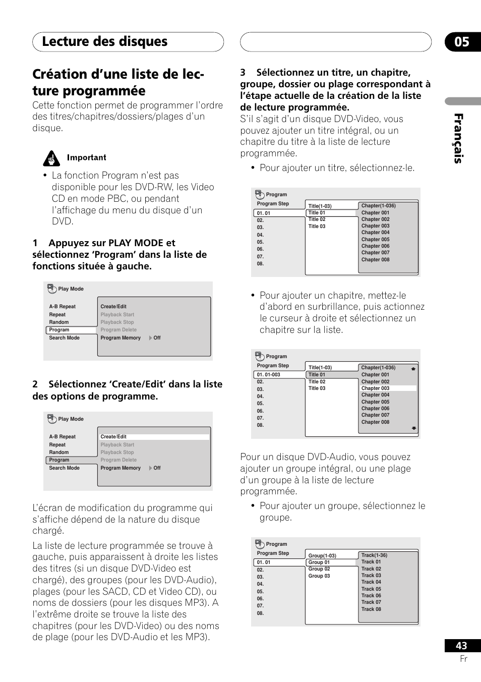 Création d’une liste de lecture programmée, Lecture des disques 05, Création d’une liste de lec- ture programmée | Français | Pioneer DV-757Ai User Manual | Page 43 / 172