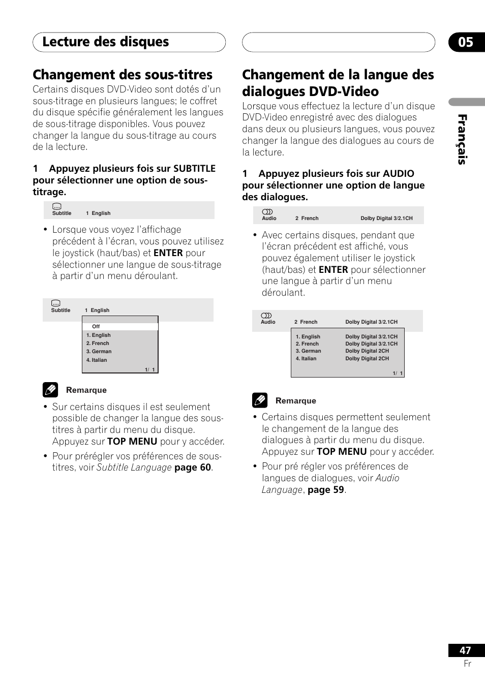 Lecture des disques 05, Changement des sous-titres, Changement de la langue des dialogues dvd-video | Français | Pioneer DV-757Ai User Manual | Page 47 / 172