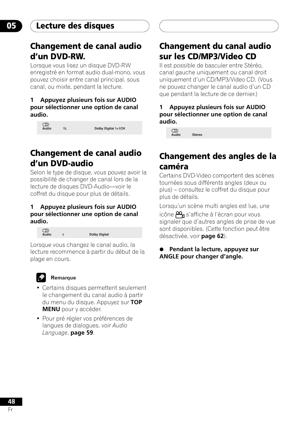 Lecture des disques 05, Changement de canal audio d’un dvd-rw, Changement de canal audio d’un dvd-audio | Changement du canal audio sur les cd/mp3/video cd, Changement des angles de la caméra | Pioneer DV-757Ai User Manual | Page 48 / 172