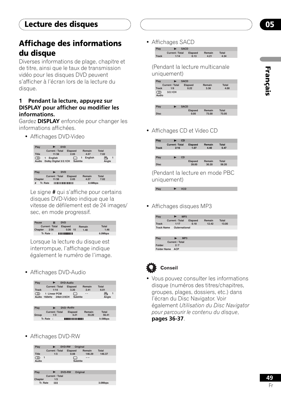 Affichage des informations du disque, Lecture des disques 05, Français | Affichages dvd-rw, Affichages sacd, Pendant la lecture multicanale uniquement), Affichages cd et video cd, Pendant la lecture en mode pbc uniquement), Affichages disques mp3, Conseil | Pioneer DV-757Ai User Manual | Page 49 / 172