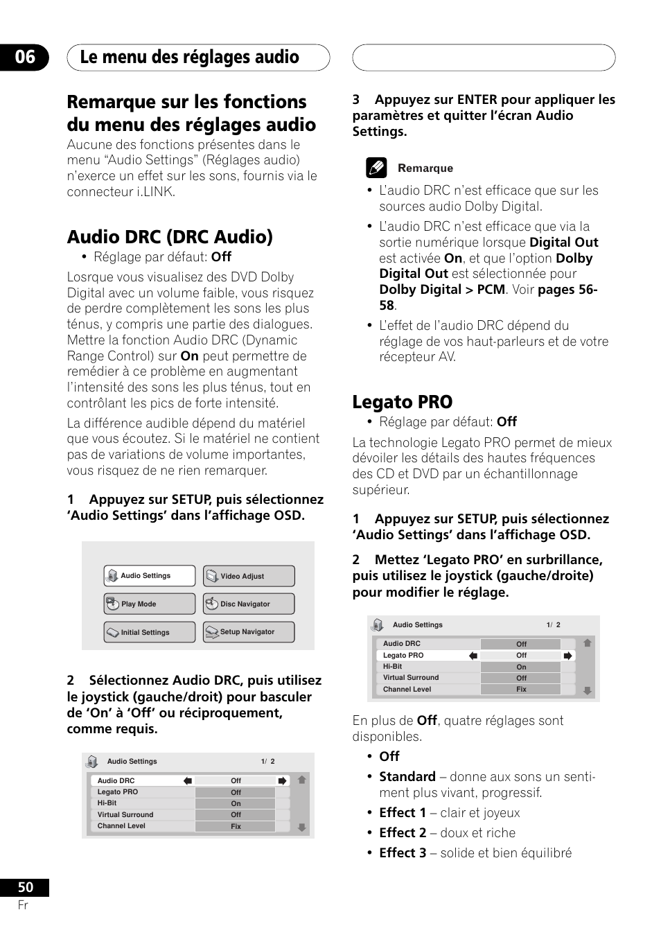 Le menu des réglages audio 06, Legato pro, Audio drc (drc audio) | Pioneer DV-757Ai User Manual | Page 50 / 172