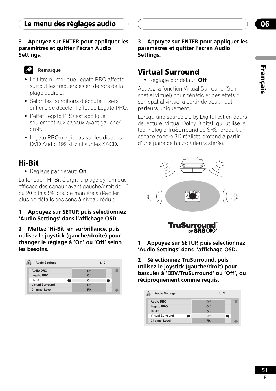 Hi-bit virtual surround, Le menu des réglages audio 06, Hi-bit | Virtual surround, Français | Pioneer DV-757Ai User Manual | Page 51 / 172