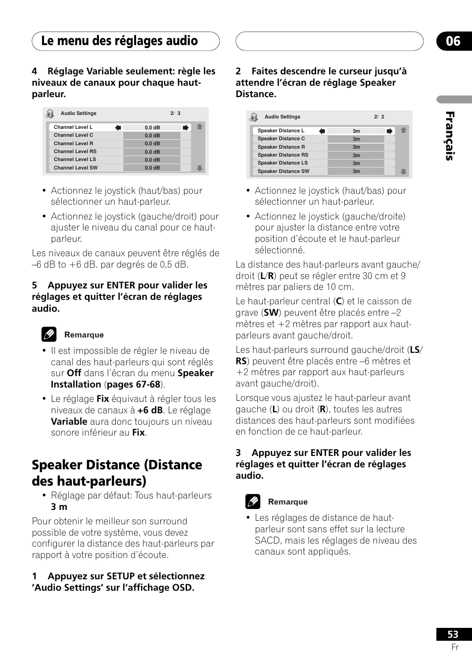 Speaker distance, Le menu des réglages audio 06, Speaker distance (distance des haut-parleurs) | Français | Pioneer DV-757Ai User Manual | Page 53 / 172