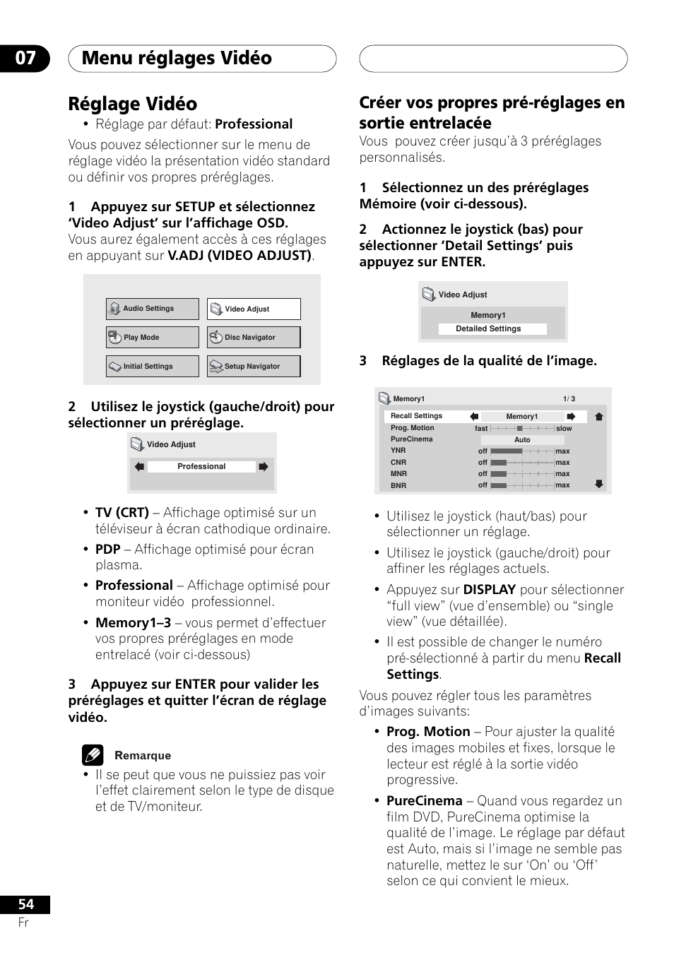 Réglage vidéo, Menu réglages vidéo 07 | Pioneer DV-757Ai User Manual | Page 54 / 172