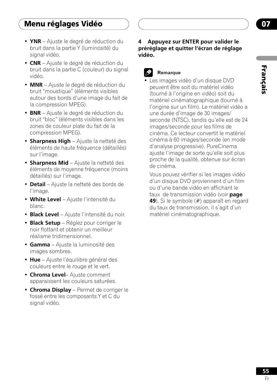 Menu réglages vidéo 07, Français | Pioneer DV-757Ai User Manual | Page 55 / 172