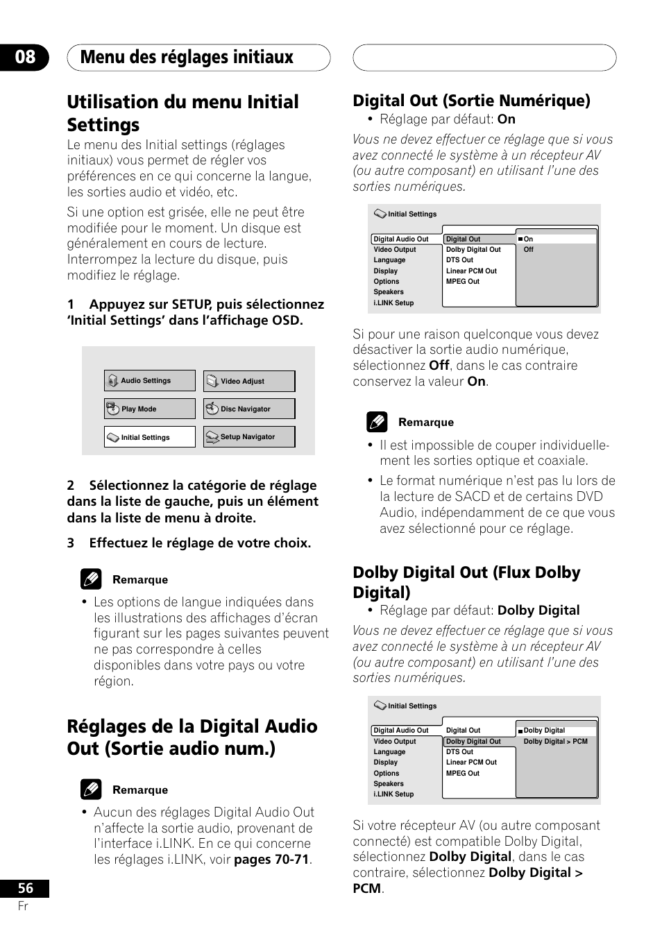 Digital out dolby digital out, Menu des réglages initiaux 08, Utilisation du menu initial settings | Digital out (sortie numérique), Dolby digital out (flux dolby digital) | Pioneer DV-757Ai User Manual | Page 56 / 172