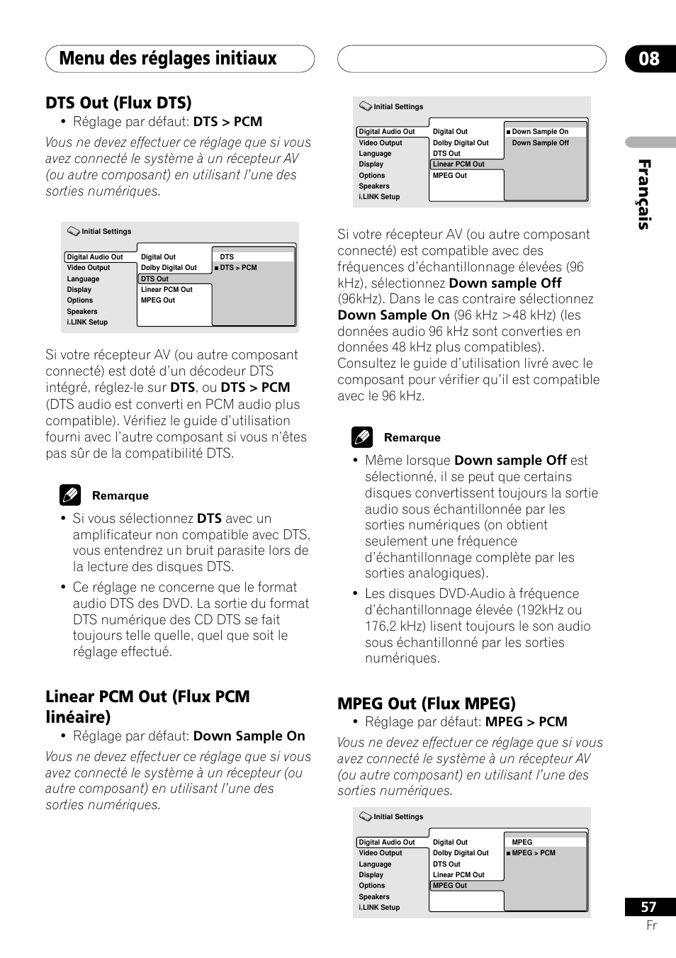 Dts out linear pcm out mpeg out, Menu des réglages initiaux 08, Français | Mpeg out (flux mpeg), Dts out (flux dts), Linear pcm out (flux pcm linéaire) | Pioneer DV-757Ai User Manual | Page 57 / 172